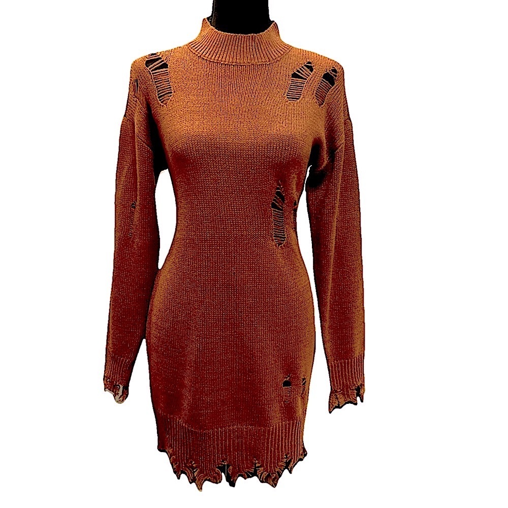 Brown chunky knit sweater dress ripped bodycon pullover mid-length size small
